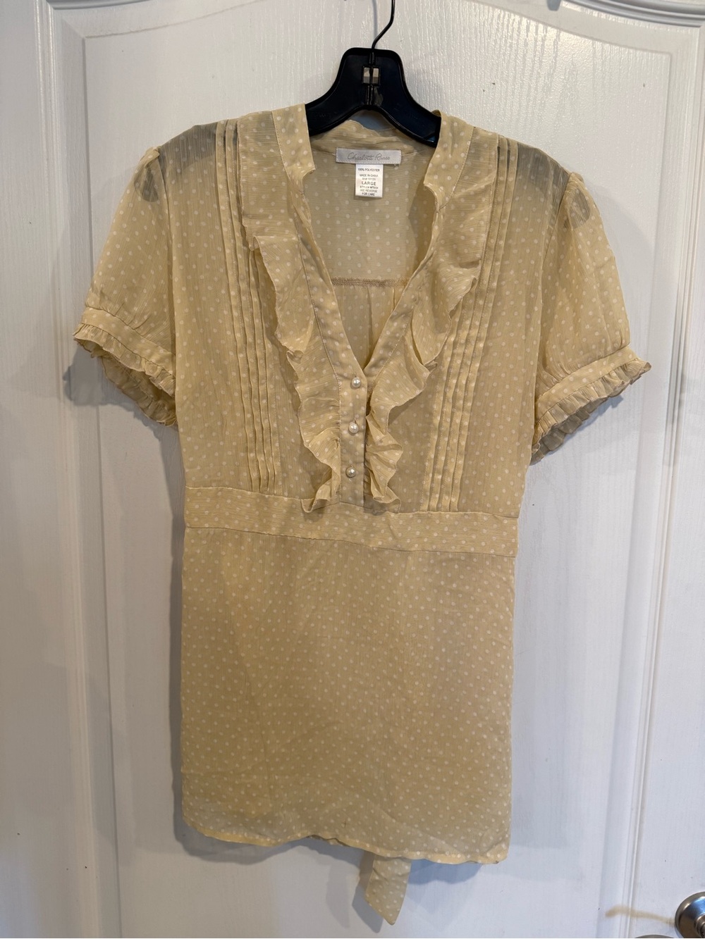 Charlotte Russe y2k cream Sheer Polka Dot Coquette Button up ruffle Top large